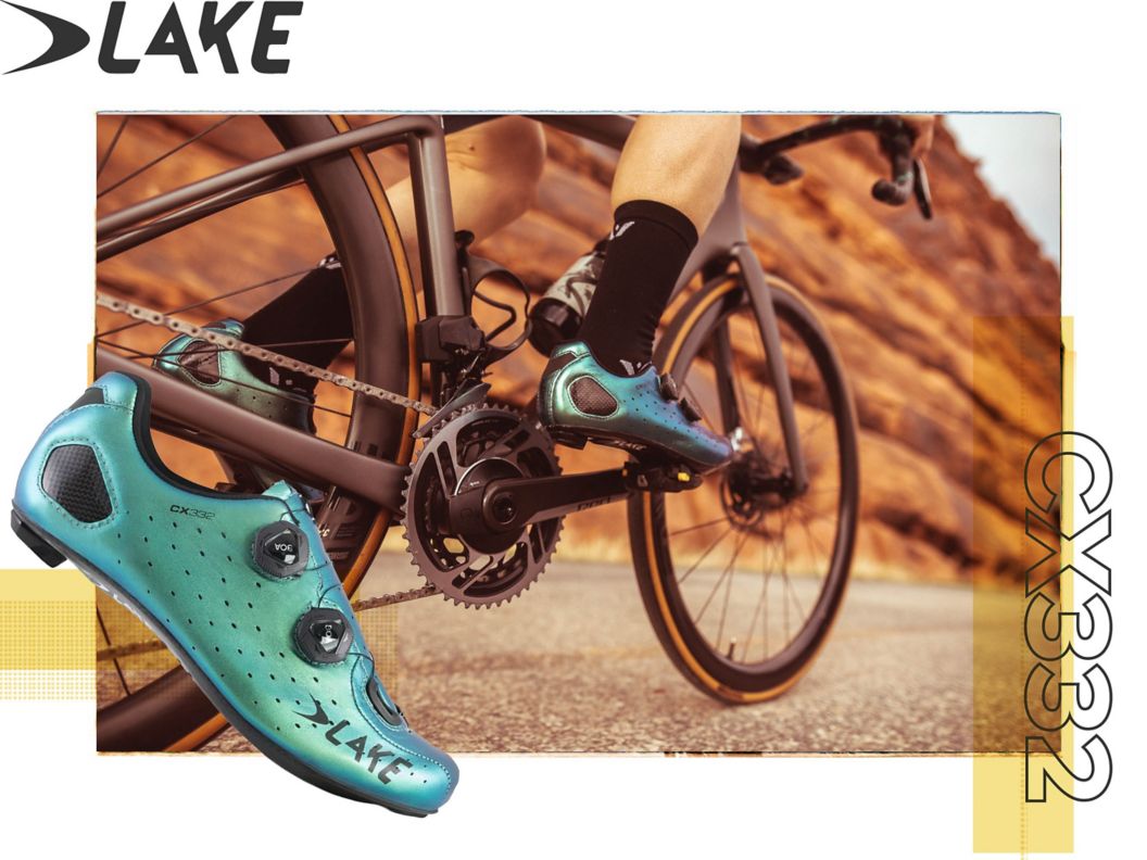 A chameleon green Lake CX332 is shown in side-profile over a closeup image of a road cyclist in the shoes riding up a hill next to a red rock wall.